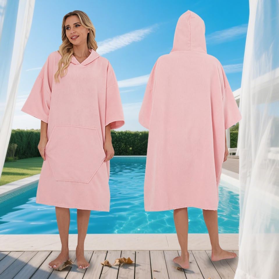 Surf Poncho Hooded Beach Towel, Quick Dry Terry Cloth, Extra Large Changing Robe with Pockets for Adults, Unisex Skin Pink Cover-Up for Swim, Bath, Beach, Gift for Swimmer Lovers - Image 5