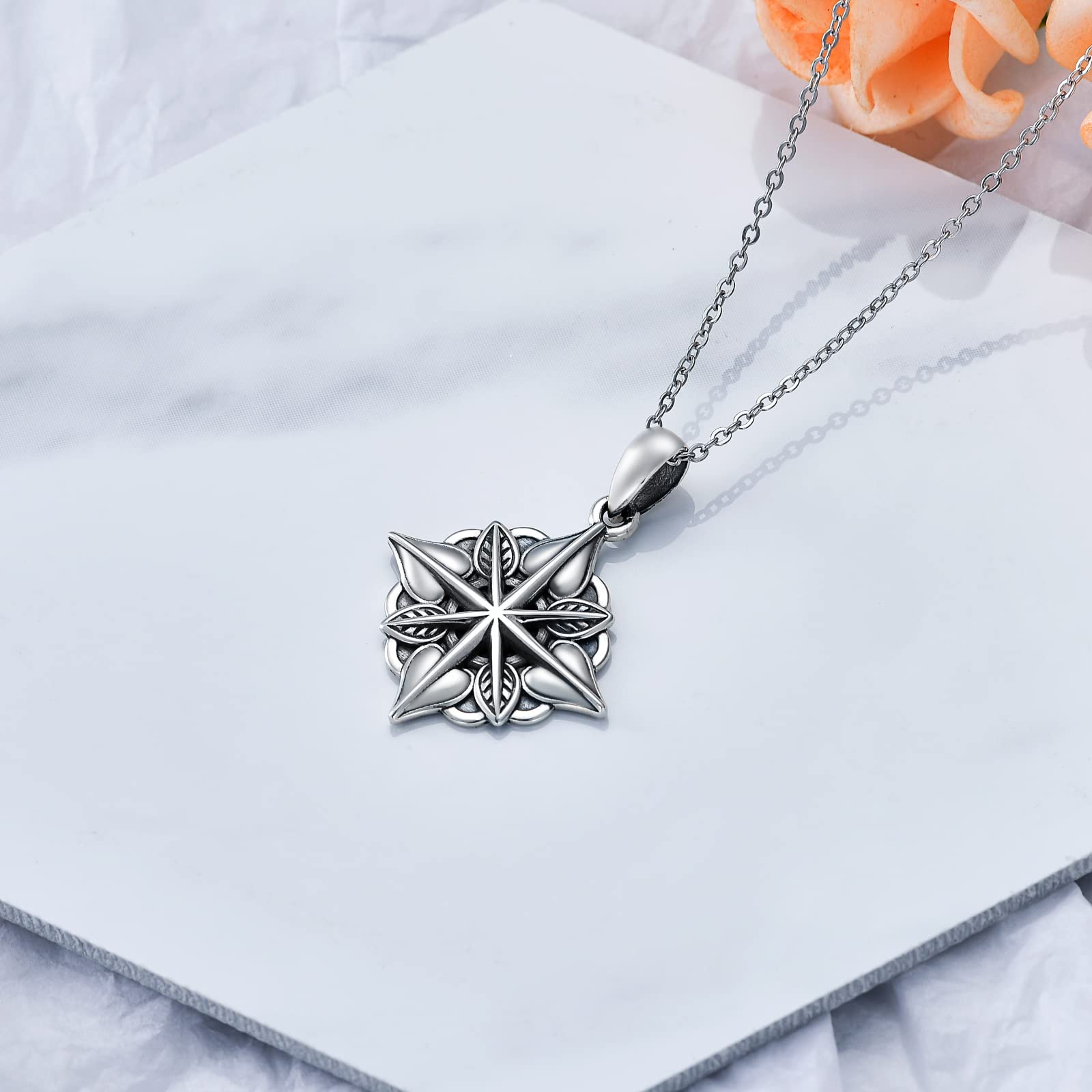 ROMANTICWORK - Collar de flor de loto de plata de ley con colgante de loto, piedra de luna, libélula, brújula, mal ojo, joyas para mujer y niña