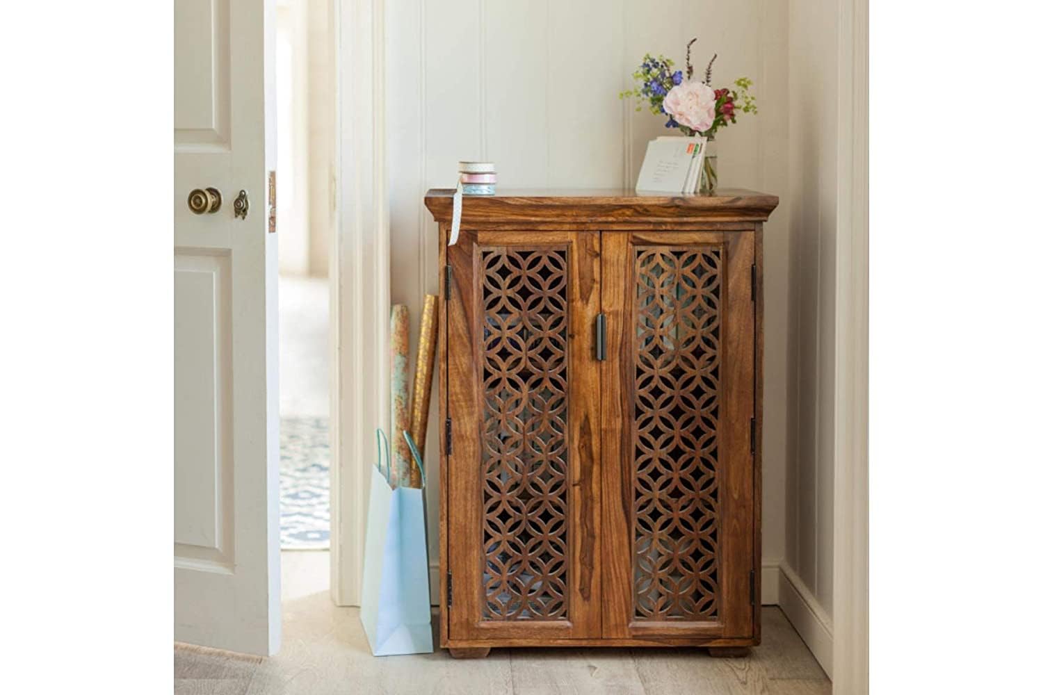 wooden small kitchen crockery sideboard cabinet for living, drawing & dining room | 2 drawers & 2 door storage, solid wood sheesham (brown finish)