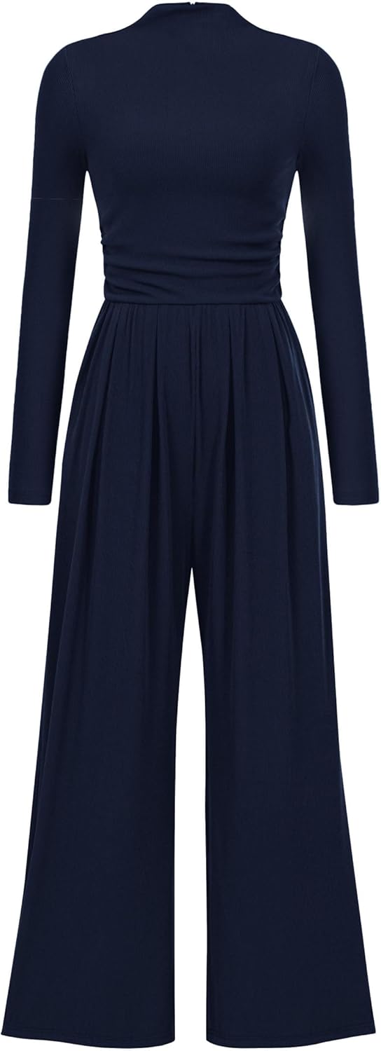 PRETTYGARDEN Women’s Jumpsuit Dressy Casual Fall Fashion One Piece Outfits Long Sleeve Mock Neck Wide Leg Pants Rompers