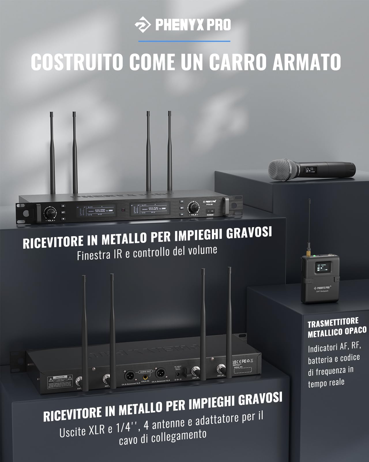 Phenyx Pro Sistema Microfono Wireless UHF a 2 canali PTU-2U-1H1B | True Diversity, scan auto, 2 × 1000 canali, 328 ft, sync IR, 1 mic palmare, 1 bodypack, mic headset/lavalier