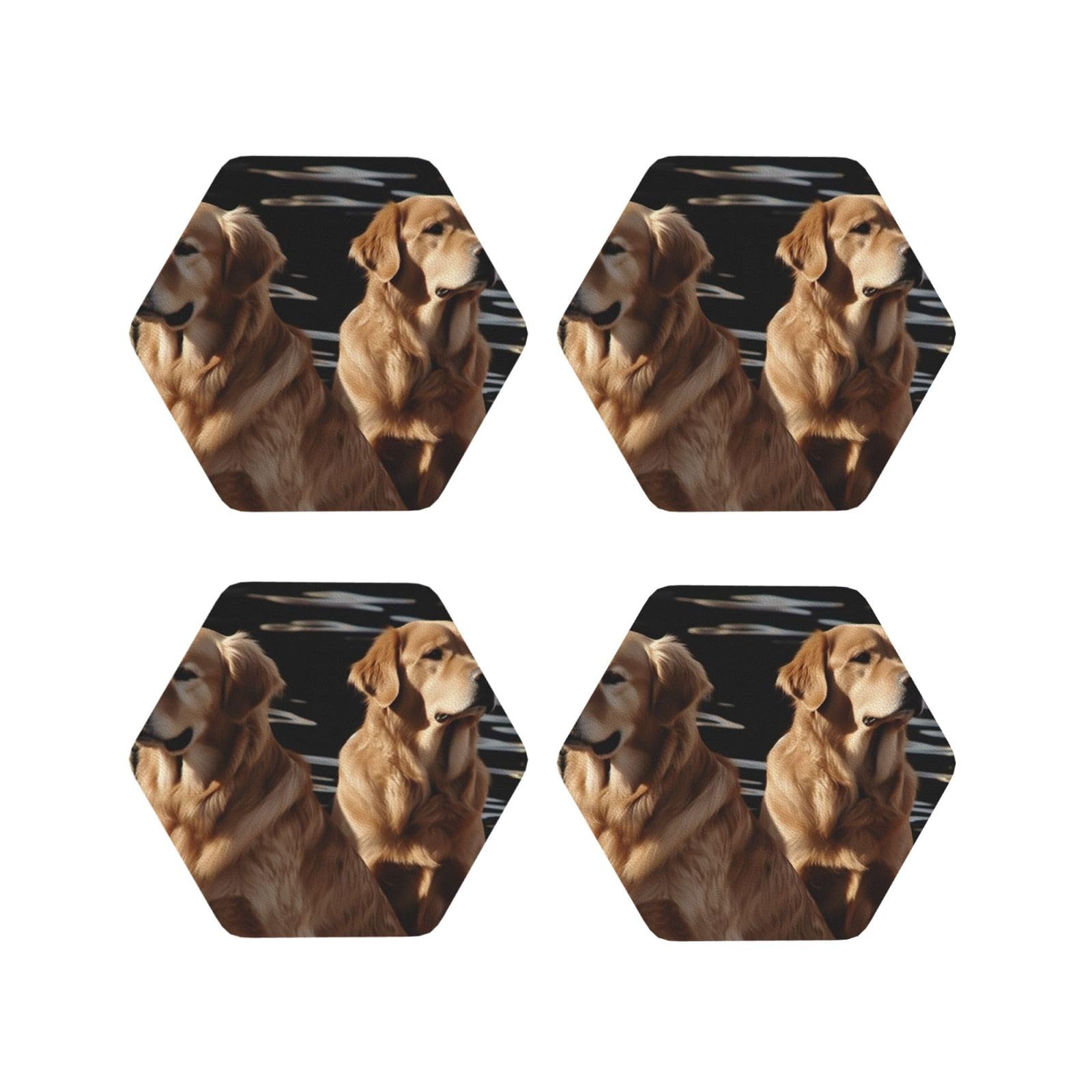 4Pcs PU Leather Coaster for Drinks, Golden Retrievers Cup Coastersr 4" Cup Mat Pad, Aesthetic Drink Coasters for Coffee Table, Hexagon Coaster for Tabletop Protection