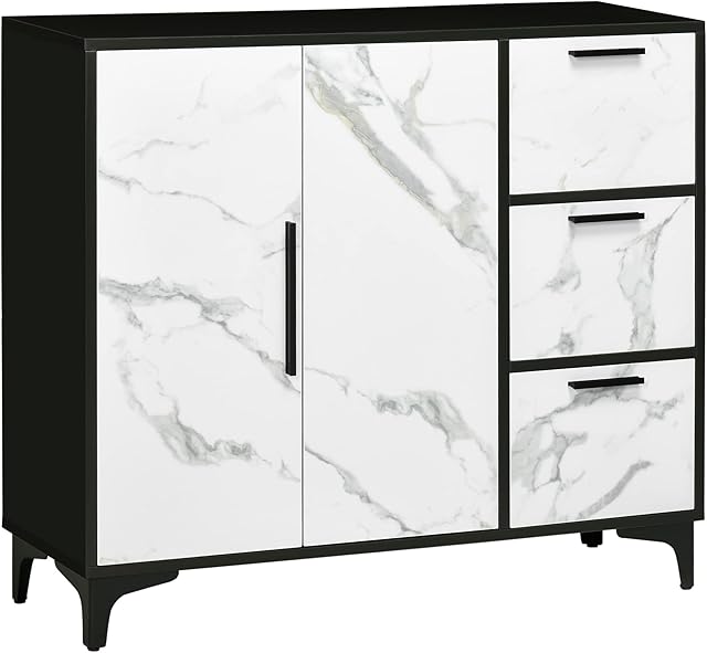 HOMCOM Modern Sideboard Storage Cabinet with Marble Effect, 2 Doors Cupboard, 3 Drawers for Living Room, Study, White