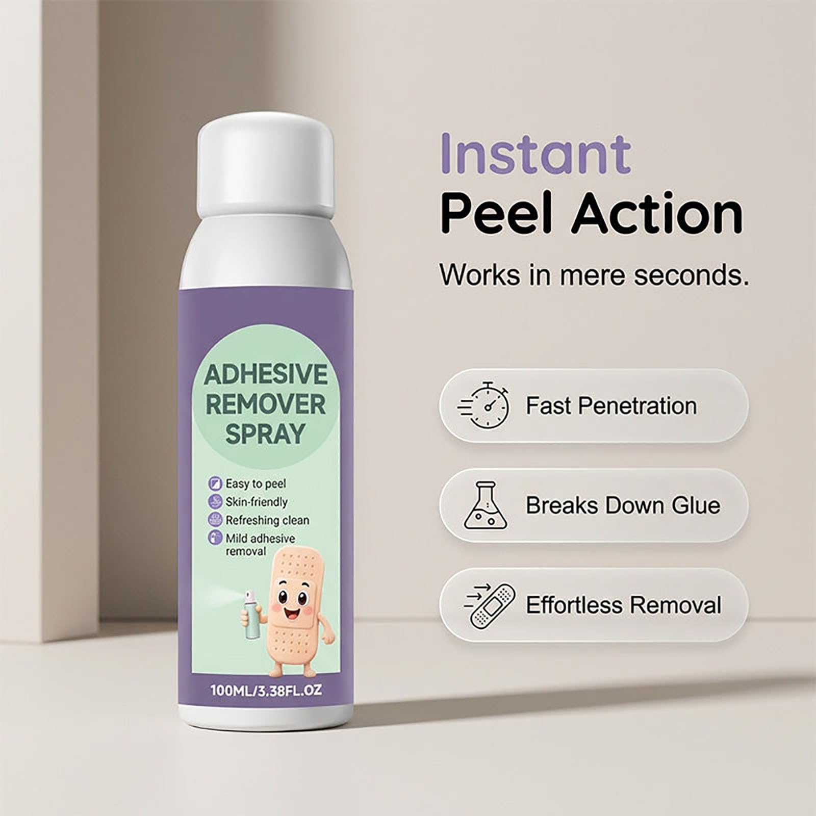 Spray doux pour retirer les résidus d'adhésif (100 ml) – Liquide nettoyant et adoucissant pour enlever les résidus de pansements et rubans adhésifs Séchage rapide – Pour peaux sensibles (3Pcs)