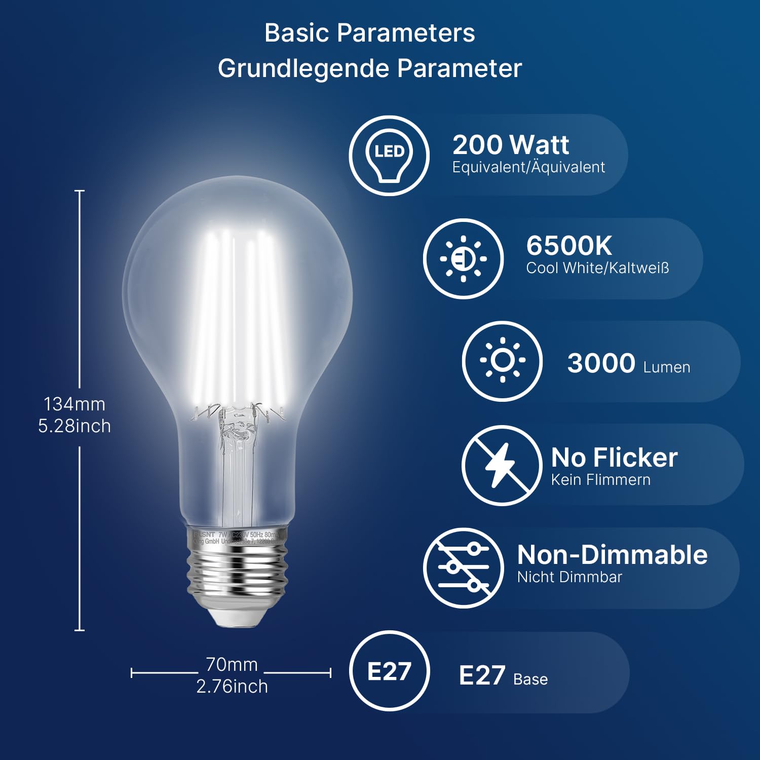 FLSNT E27 Screw Bulb 200W Equivalent, 3000LM Ultra Bright LED Light Bulb, 18W A70 LED Edison Screw Bulb, 6500K Cool White - Image 2