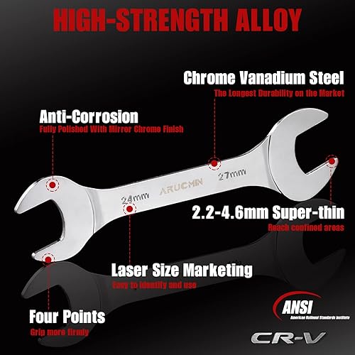 Miniatura 3 de Juego de llaves superfinas de extremo abierto, 18 piezas SAE y métricas de 14 a 1-116 pulgadas y 0.217 in a 1.063 in de acero al cromo vanadio con