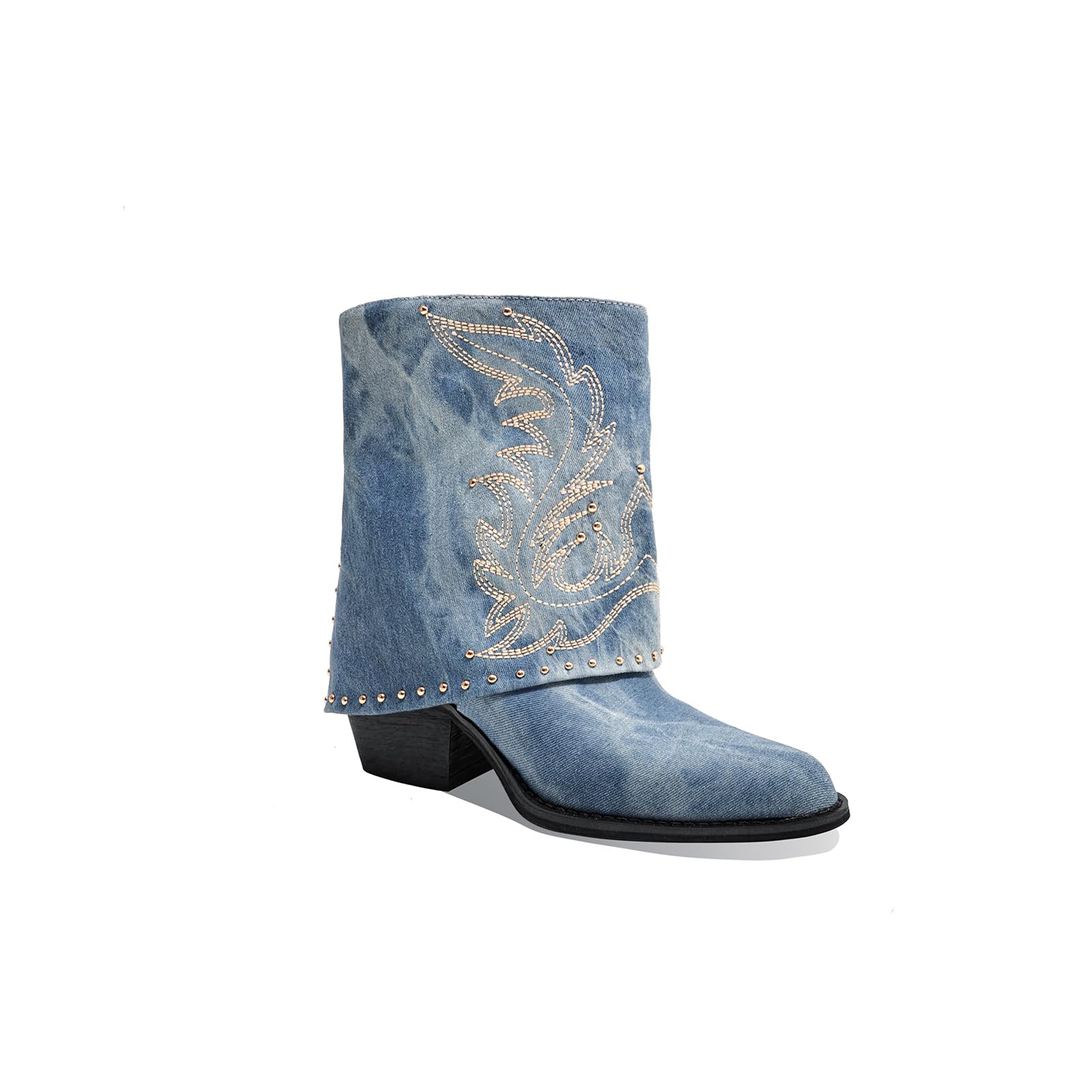 Womens Cowboy Ankle Boots Fold Over Pointed Toe Low Chunky Heel Boots for Women Studded Embroidery Booties Dressy