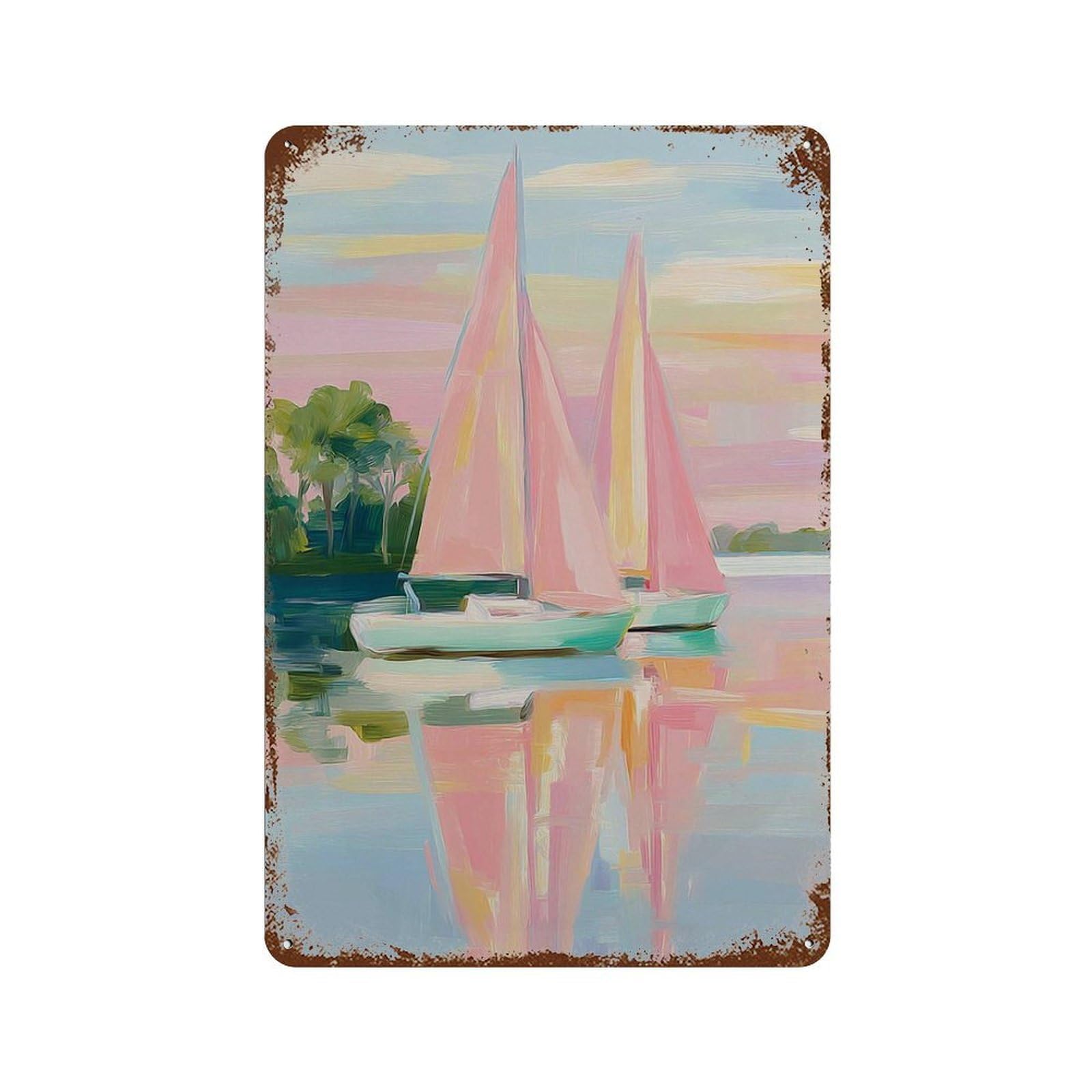 xiaoxiaoshen Sailboat Sunset Coastal Pastel Seascape Painting Nautical Boat Impressionist Oce Wall Decor Art Metal Tin Poster Modern Home Decor Art Home Bar Shop Decorations Vintage Sign 30x20cm