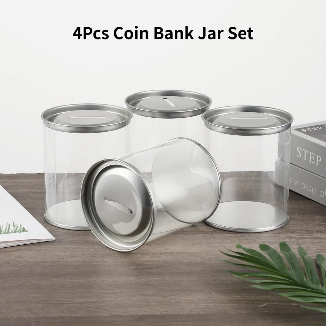 Paquete de 4 tarros transparentes para monedas con tapas ranuradas, recipientes de plástico para cambio, billetes de rifa, alcancías compactas, 3.9 pulgadas de profundidad x 4.7 pulgadas de
