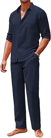 COOFANDY Men's 2 Piece Linen Sets Casual Button Down Shirts Pants Casual Beach Summer Yoga Outfits