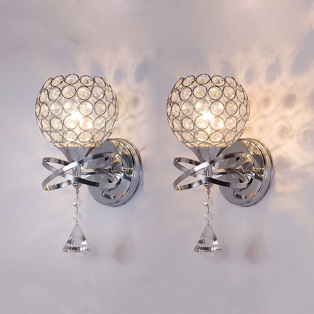 SXECAEPS 2 Pack Wall Lamp Chrome Sconce Light, Modern Crystal Pendant Lamps Indoor Mount Lights, Bedroom Aisle Living Room Decorative Lighting Fixtures, E27 Socket