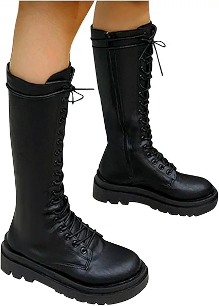 HINDOLA Women's Knee High Boots Winter Lace up Zipper Mid Calf Military Boots Leather Riding Combat Boots
