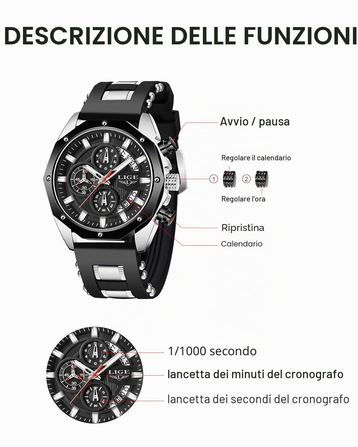 LIGE Orologio da uomo alla moda, cronografo in acciaio inossidabile, impermeabile, analogico, al quarzo, luminoso, quadrante sportivo classico, orologio