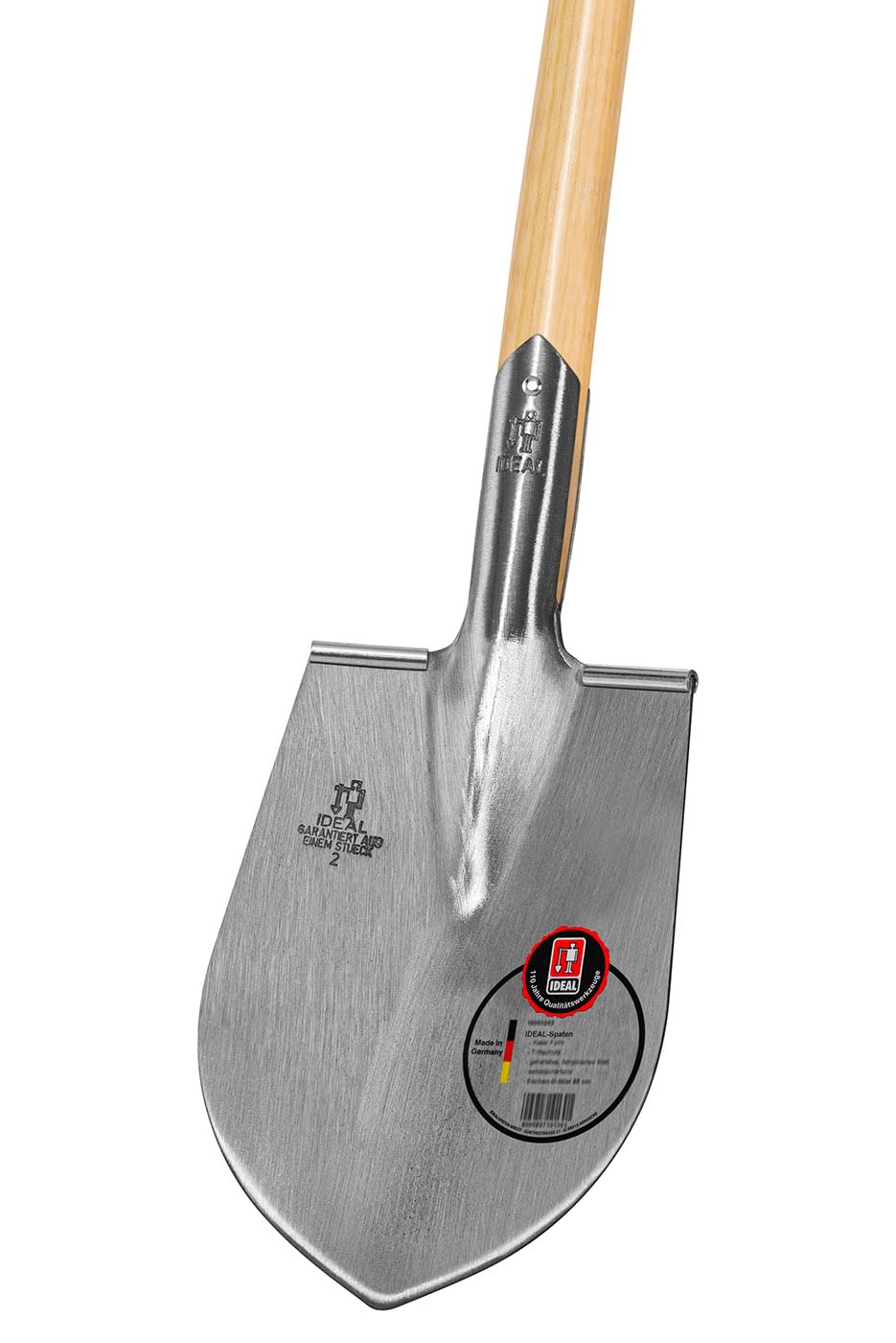 IDEAL-Spaten Kieler Form | für Harte und steinige Böden | feinpolierter Doppelfederspaten, selbstschärfend, mit Tritt, Eschen-T-Stiel 85 cm