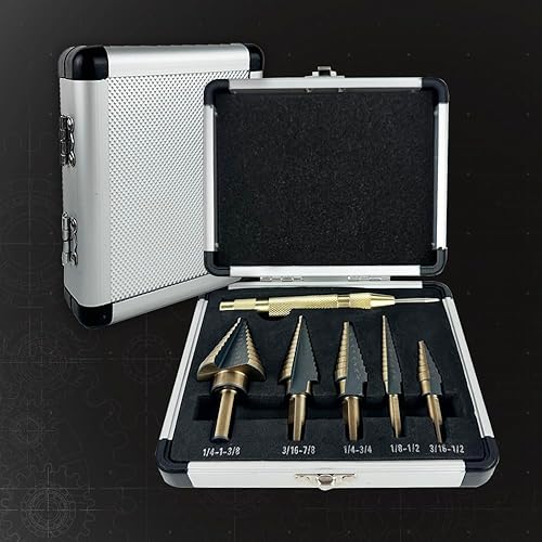 Miniatura 3 de Juego de 6 brocas escalonadas para metal, 50 tamaños, vástago triplano HSS recubierto de titanio con punzón central para aluminio, madera, plástico,