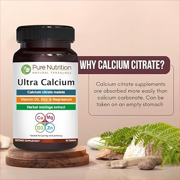 Pure Nutrition Ultra Calcium 1000mg with VIT D3 + K | 90 Tab | Highly absorbable Calcium Supplement with Calcium Citrate Malate, VIT D3, K (90 Count (Pack of 1))