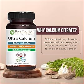 Pure Nutrition Ultra Calcium 1000mg with VIT D3 + K2 | 90 Tab | Highly absorbable Calcium Supplement with Calcium Citrate Malate, VIT D3, K2, Moringa Oleifera, Magnesium and Zinc.