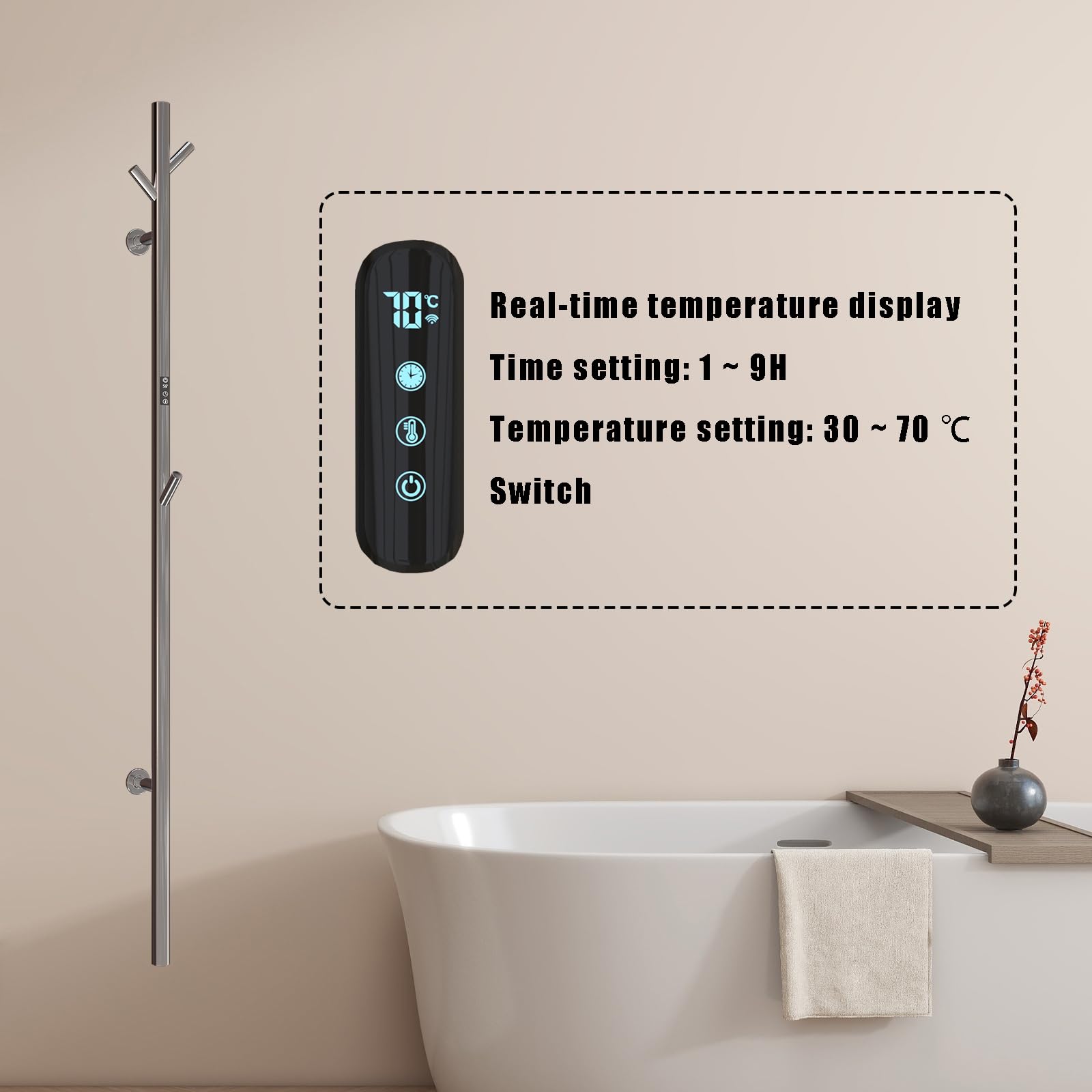 ESOP Sèche-Serviette Électrique Chromé, 30 W Chauffe-Serviettes 1525×65mm WiFi Intelligent Porte-Serviettes Chauffant Électrique Mural Commande Tactile à LED Radiateur de Salle de Bain avec 3 Patère