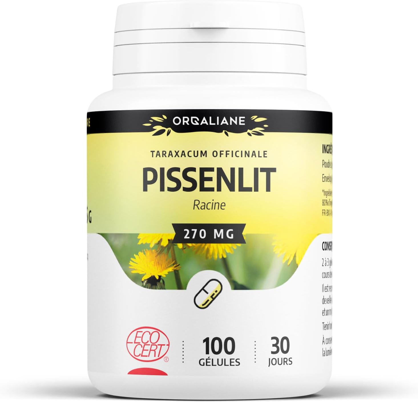 Organic Dandelion 270 mg – 100 Capsules – Ecocert Certified – Orgaliane