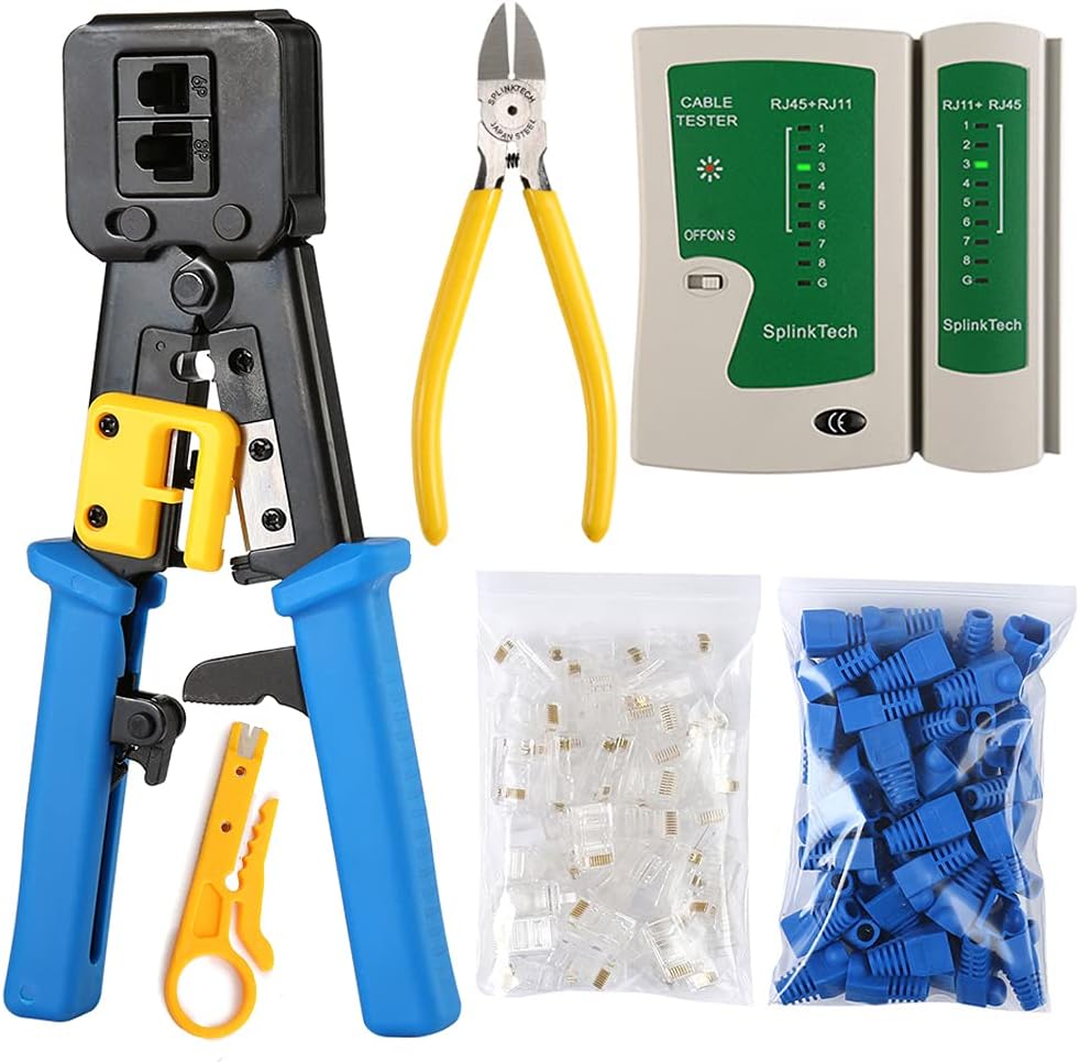 Solsop RJ45 Crimp Tool Kit Network cable r Pass Through Cat6 Cable r and Crimper for RJ45/RJ12 Regular, 50PCS Pass Through Connectors, 50PCS Covers, Mini Wire Stripper, Wire Cutter