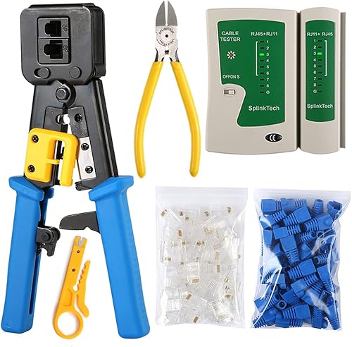 Solsop Kit de herramientas de crimpado RJ45, herramienta de crimpado Cat5 Cat6 para RJ45RJ12 Regular, probador de cable de red, 50 conectores de