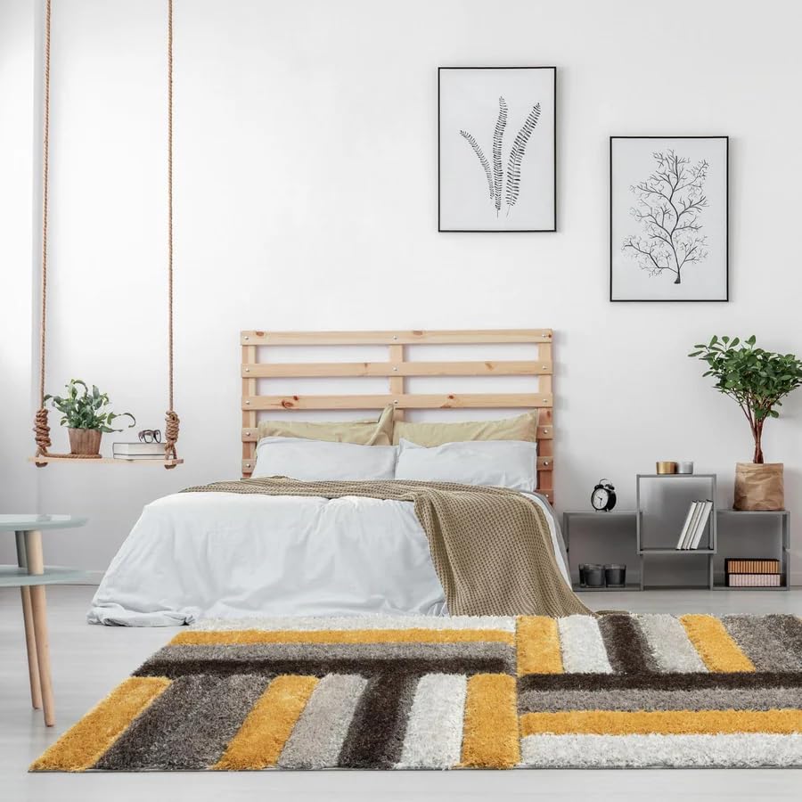 Image of Carpets for Living Room 4 x 6 Feet Soft Smooth Thick Non-Slip Fluffy Shaggy Area Rug for Bedroom, Drawing, Kids Room, Office with Upto 2 Inch Microfiber High Pile (Yellow Black A)