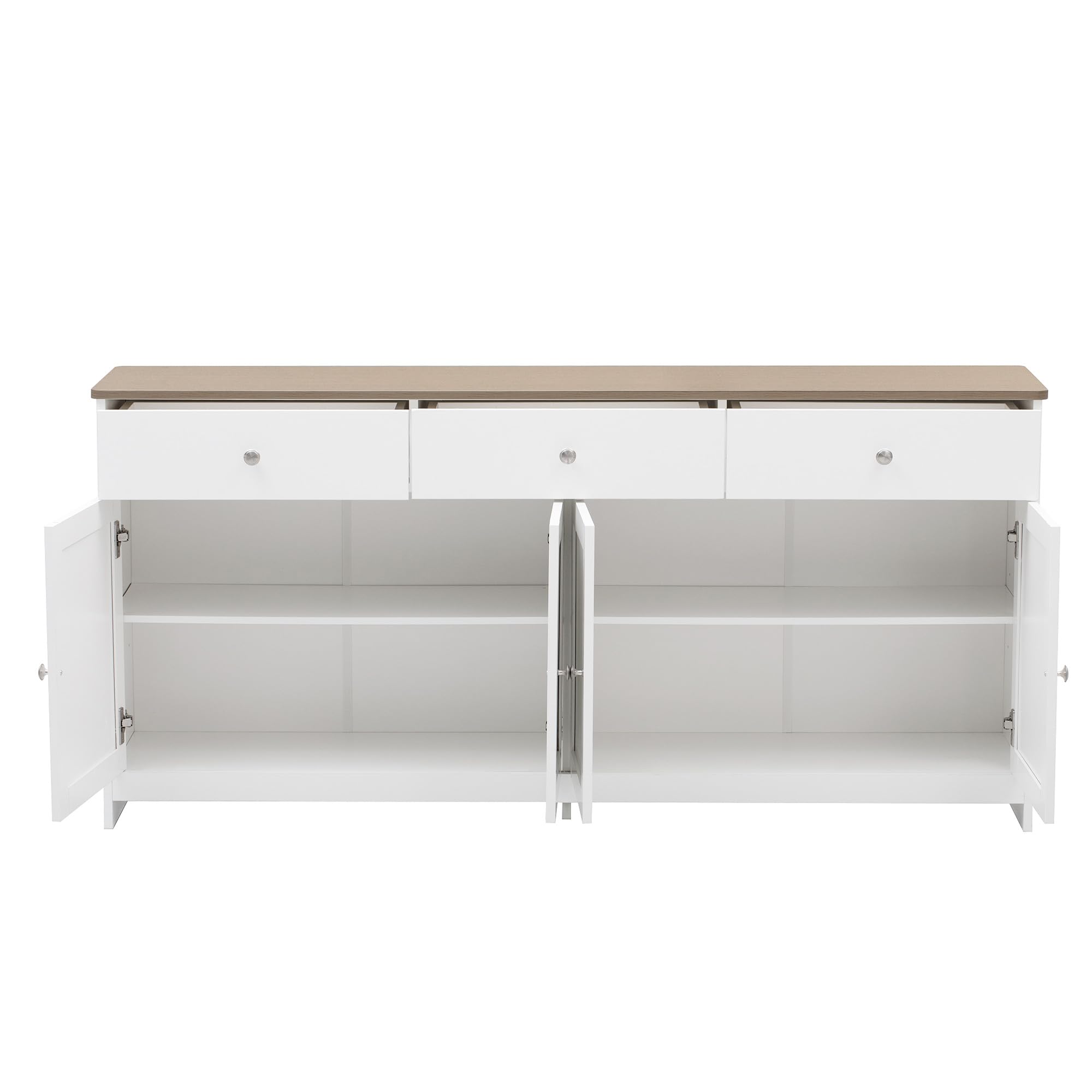 Idemon Sideboard mit weißer Holzmaserung, Vier Türen, mit DREI Schubladen, Wohnzimmer, Esszimmer. Holzfarbe und Weiß (160X37X75CM)
