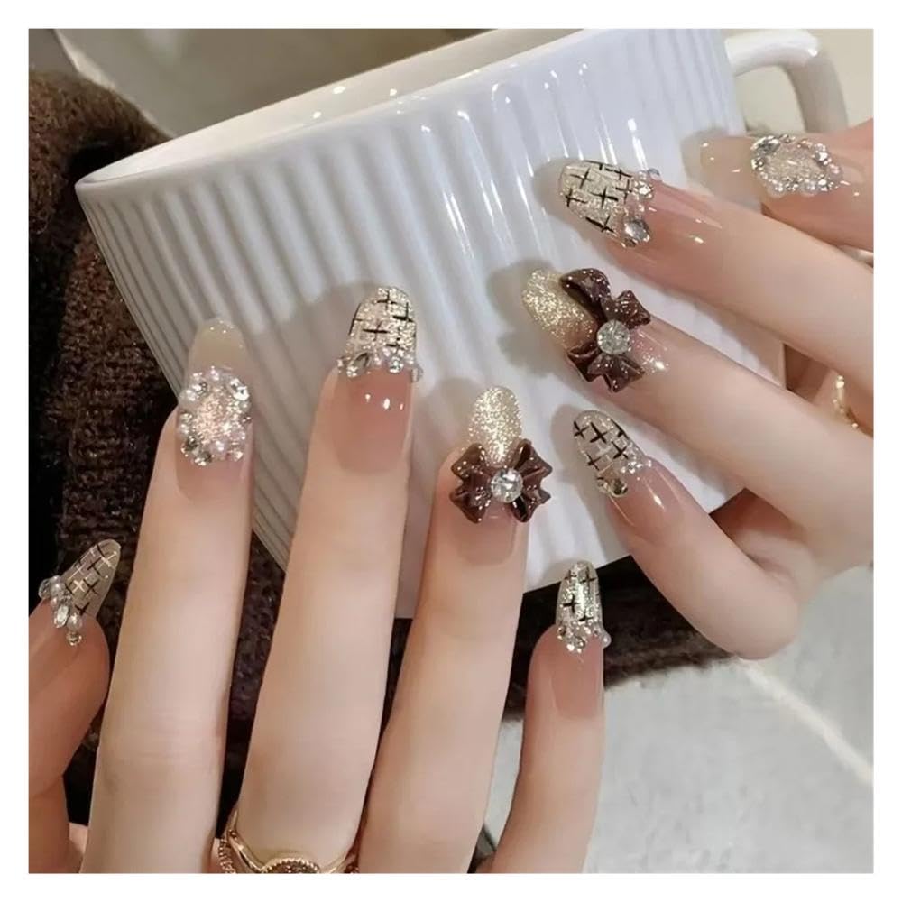 30pcs Long Almond Stiletto False Nails Cat Eye Silver Wavy Rhinestone French Press On Nails DIY Manicure(Y1)