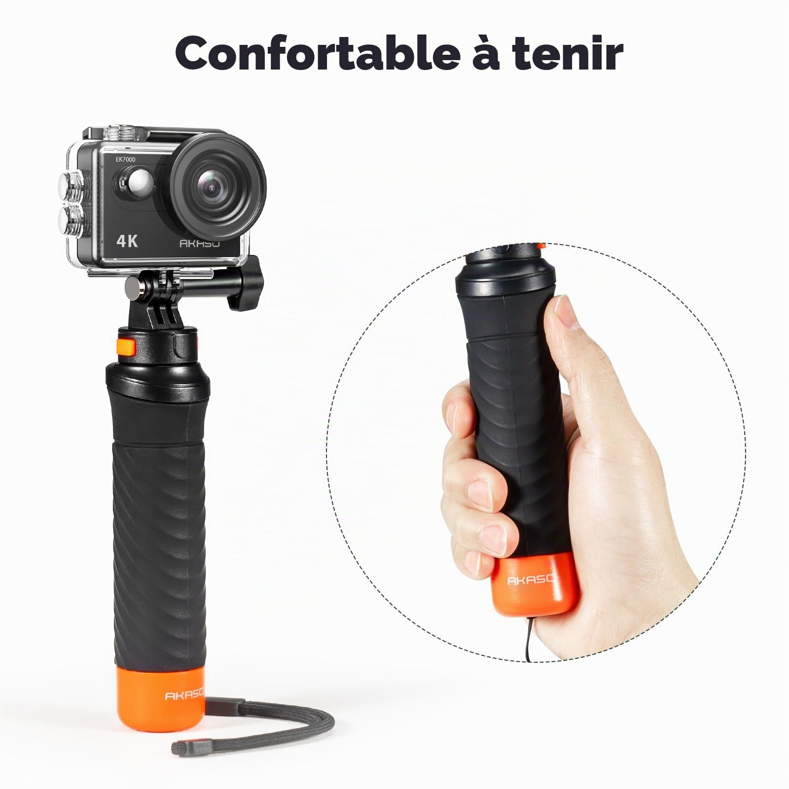 AKASO EK7000 Caméra Sport Kit de Poignée Flottant - Comprend 4K 30FPS EK7000 Action Camera, Poignée Flottant Etanche pour Camera Sport, Sac de Rangement, 2 Batteries et Plus