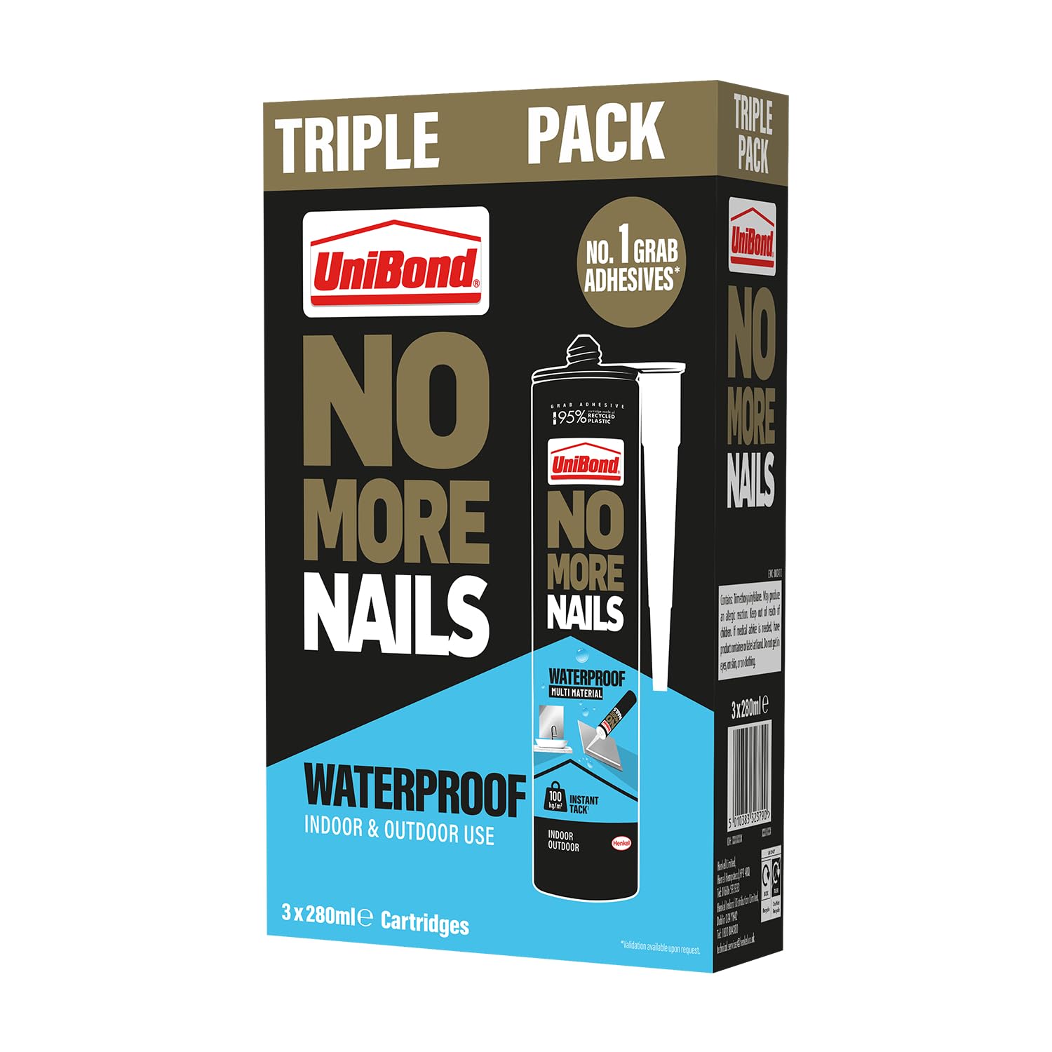 UniBond No More Nails Waterproof High-Strength Grab Adhesive, All-Purpose Seal & Fill for Wood, Tile, Metal & Concrete, Indoor & Outdoor Use, Pack of 3 (3 x 280 ml Cartridges)