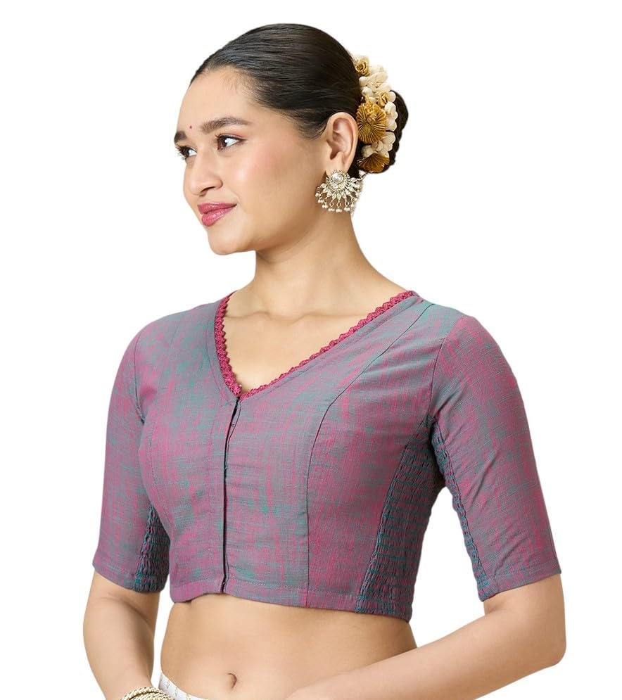 Image of Studio Shringaar Women's Handloom Cotton Side Stretchable (Smocked) Readymade Saree Blouse with Crochet Neckline
