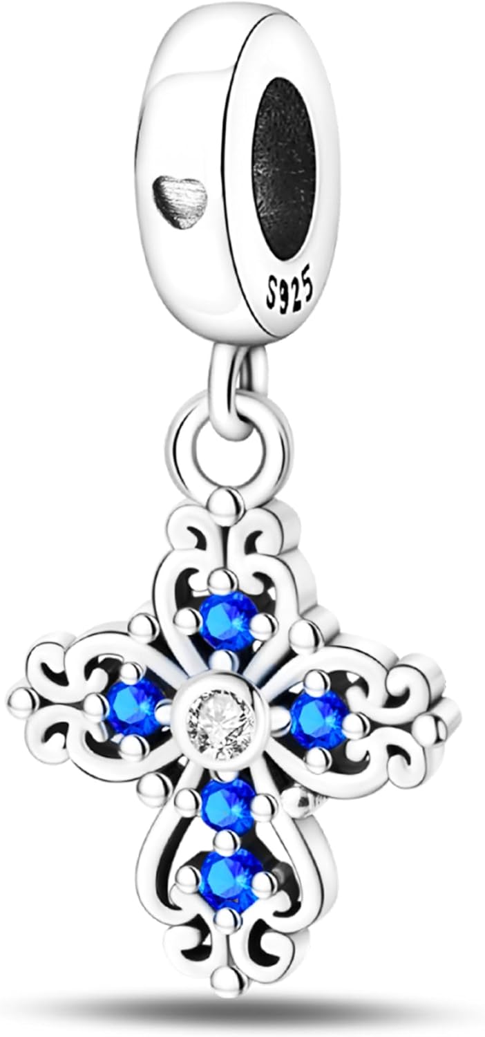 925 Sterling Silver Charms Beads for Bracelets & Necklaces, Blue Charm Cross Birthday Gifts Retro Pendant Jewelry for Women Men
