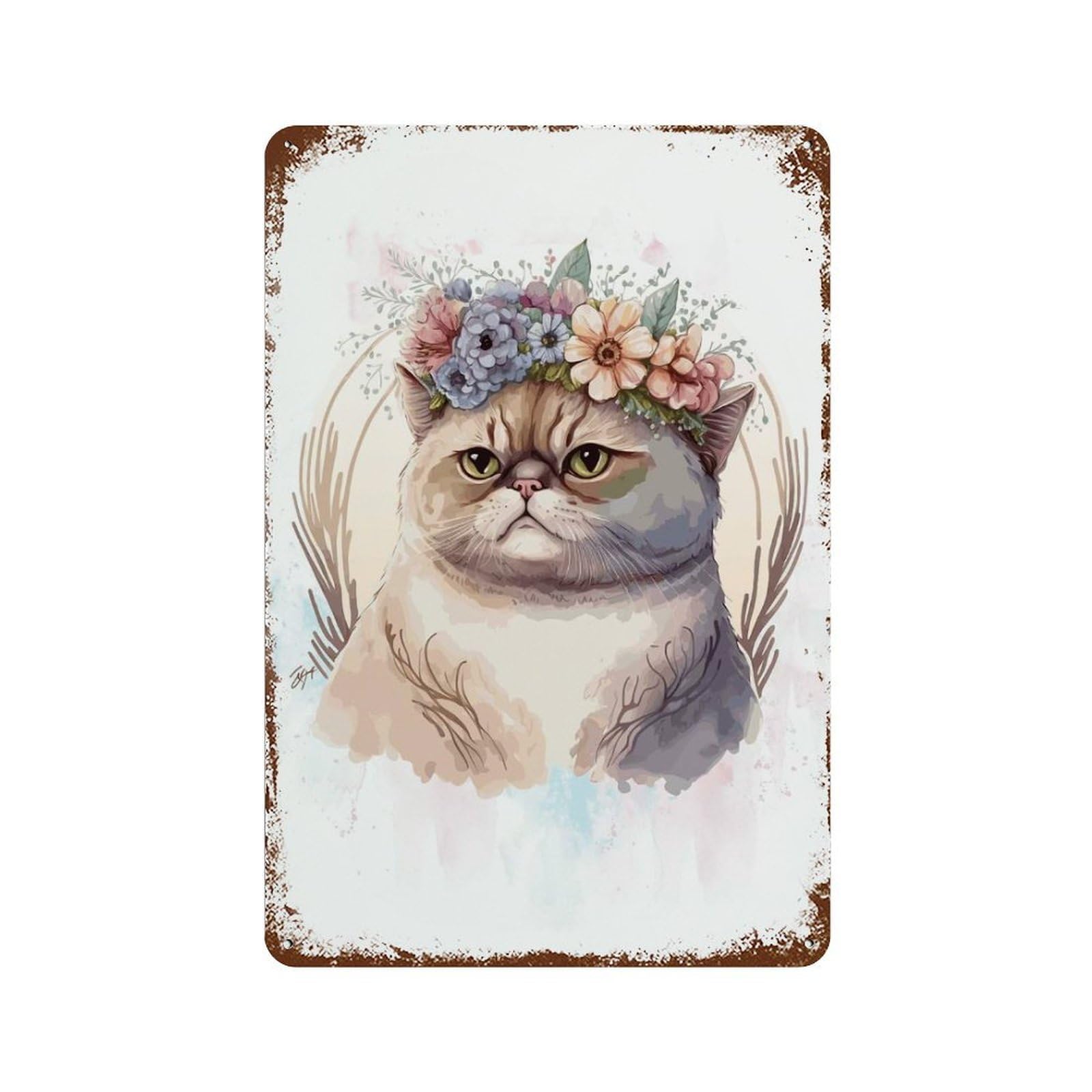 Retro Metal Sign with Exotic Shorthair Plant Cat Design 11.8"x7.9", for Shed, Workshop And Garage Wall Decor, Old School Wall Decor