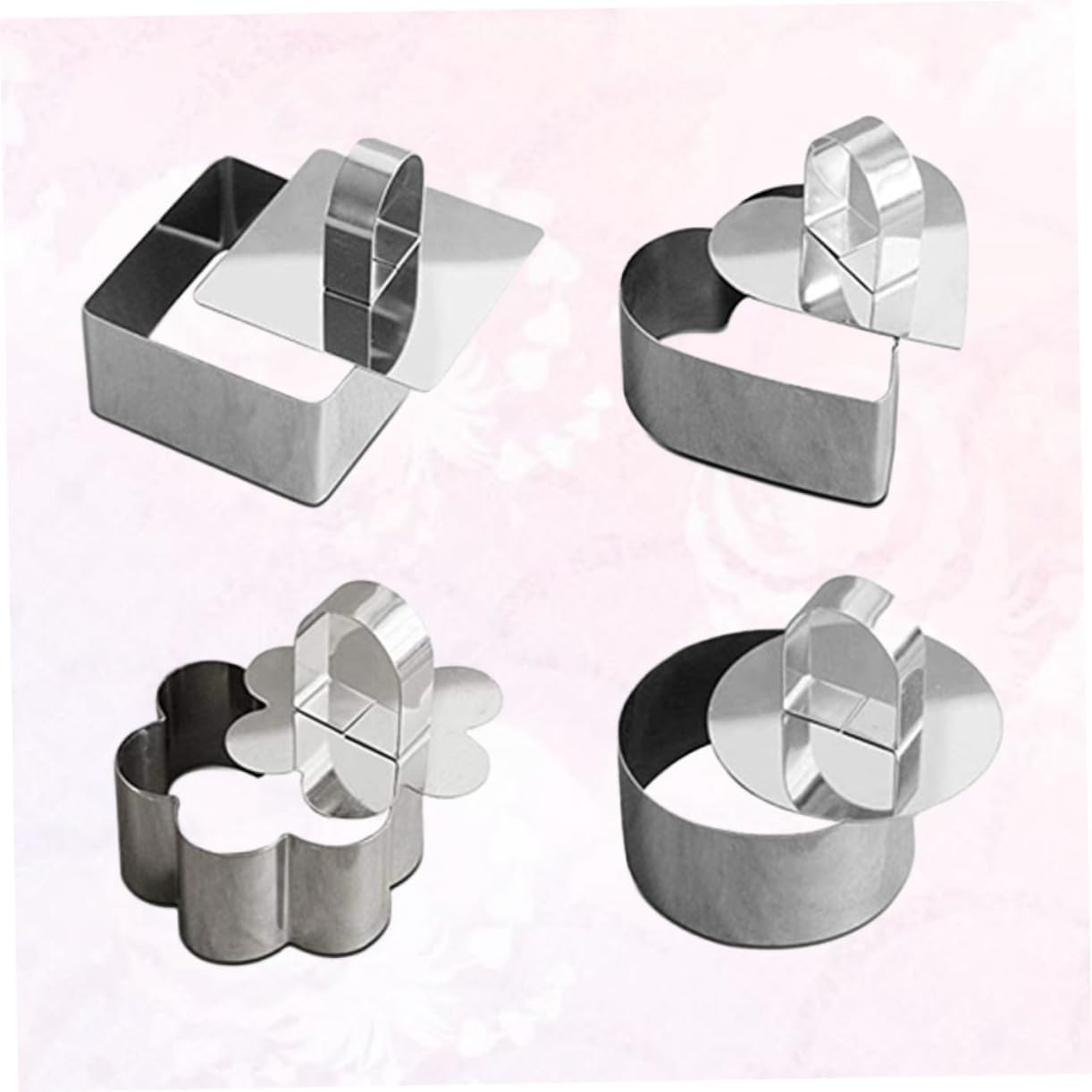 4pcs Stainless Steel Mousse Mold Set for Home Baking and Cakes | Heart round Flower Square Shapes, Silver Finish, Push Board Included, Easy Demolding and Cleaning