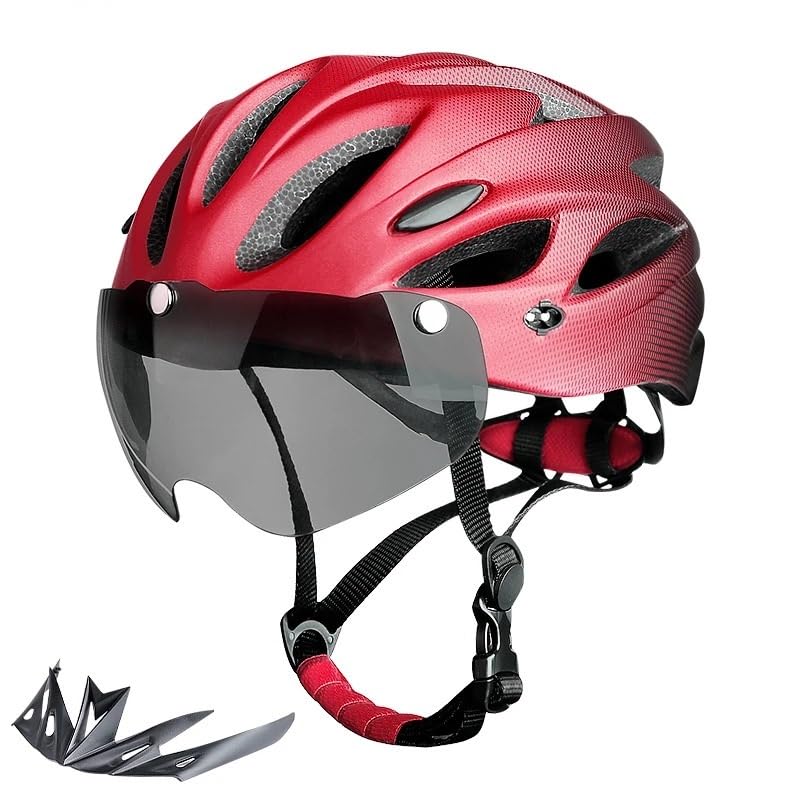 Casco Bicicleta Casco de Bicicleta for Adultos con luz Trasera, Gafas Modo Dual, Casco Ciclismo Apto for Cascos Ligeros y Transpirables 58-62cm(Red)
