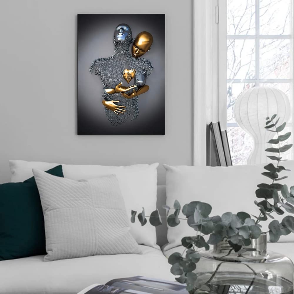 chongjian Liebe Herz 3D Grau Leinwand Wandkunst Moderne Gemälde 3d Abstrakt Umarmung Wanddekoration Schwarz und Weiß Metallfigur Skulptur Effekt Bild Wohnzimmer Dekoration (Gold Mit Rahmen, 16x24in)