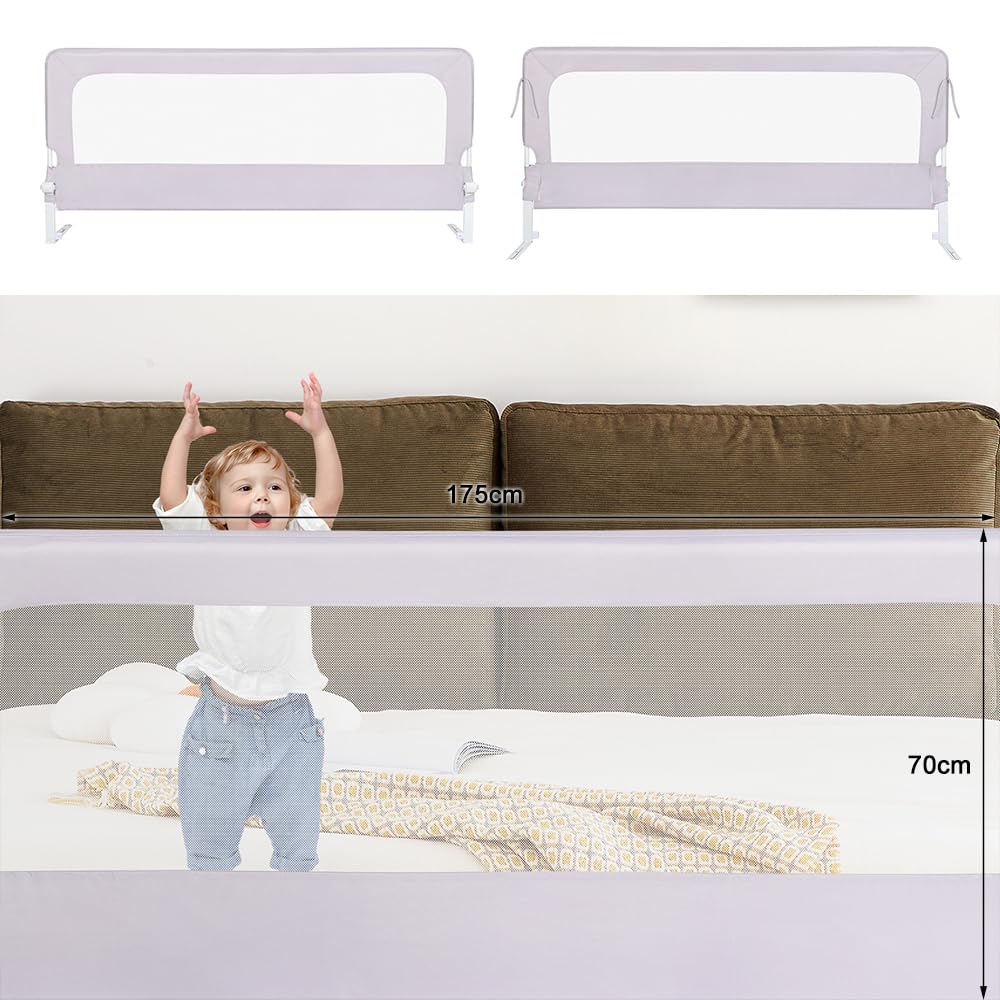 Barrera de cama infantil abatible, tela Oxford, barrera de seguridad infantil, diseño extra alto (gris, 180 x 70 x 26 cm)