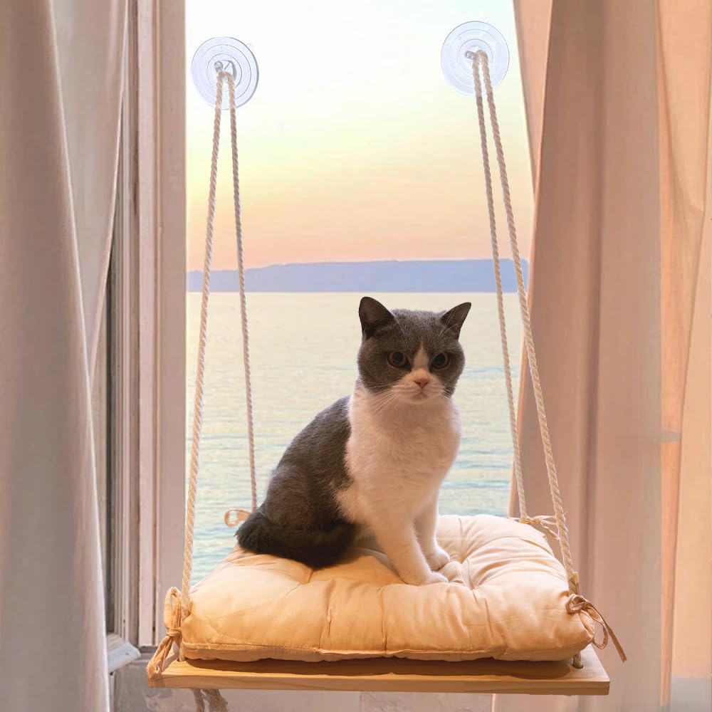 Cat Window Perch, Cat Window Rack with Gunny Rope and Thick Cushion, Wooden Cat Window Hammock, Furniture for Cats - Hanging Window Shelf for Cats
