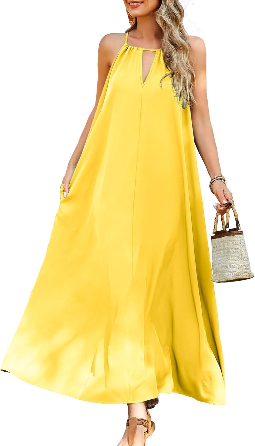 Kikibell Women's Halter Sleeveless Swing Flowy Maxi Summer Loose Pleated Long Sundress for Beach Vacation