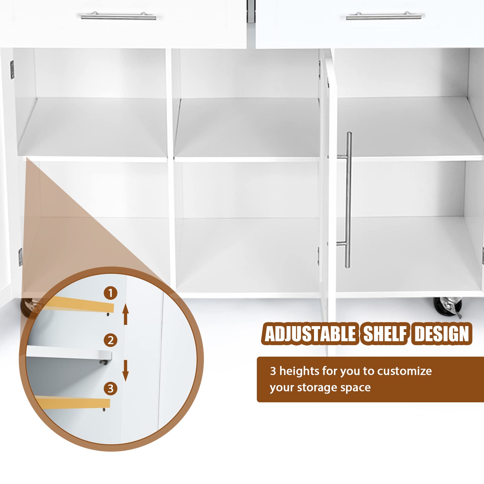 KOMFOTTEU Carrito de Cocina con Ruedas, Carro de Servicio con Encimera de Madera de Caucho, Isla de Cocina con Cajones, Toallero y Estantes Ajustables, Carrito Auxiliar, 122 x 46 x 92 cm (Blanco)