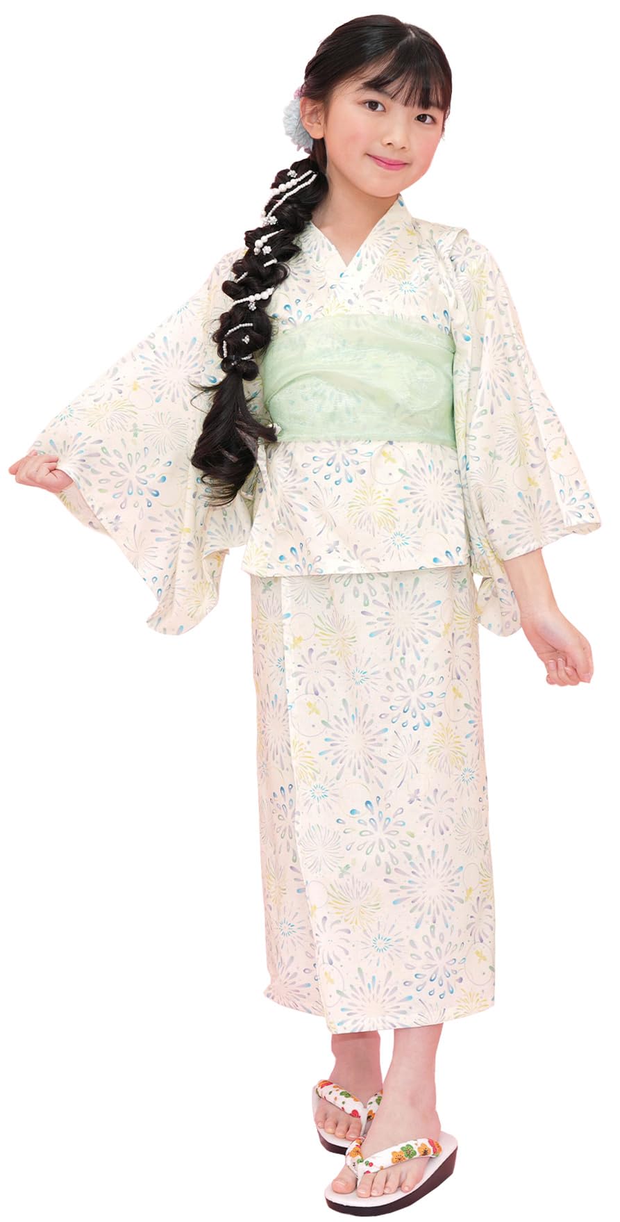 [Bee] ビー 簡単着付け ワンピースにもなる浴衣 3点セット 2WAY セパレート キッズ ガールズ 女の子 夏 saa01400 130cm アイボリー×花火