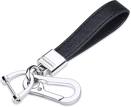 QBUC Genuine Leather Car Keychain,Universal Heavy Duty Metal Key Chain Accessories,Car Fob Key Keychain Holder with 360 Degree Rotatable Snap Swivel and Anti-Lost D-Ring for Men WomenBlack
