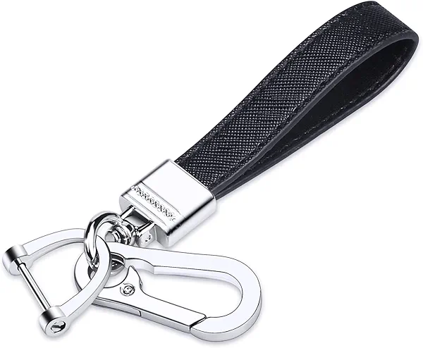 QBUC Genuine Leather Car Keychain,Universal Heavy Duty Metal Key Chain Accessories,Car Fob Key Keychain Holder with 360 Degree Rotatable Snap Swivel and Anti-Lost D-Ring for Men Women(Black)