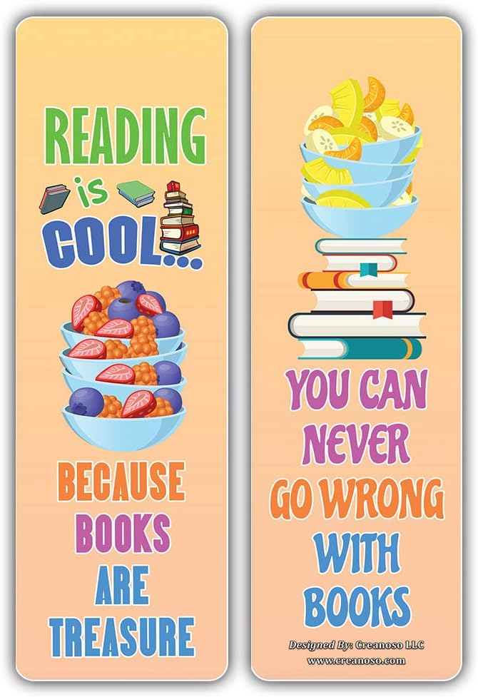 Creanoso Fruits Reading is Cool Educational Bookmarks for Kids (60-Pack) – Six Assorted Quality Bookmarker Cards Bulk Set – Premium Gift Tokens for Kids, Boys, Girls, Teens, Young Bookworms