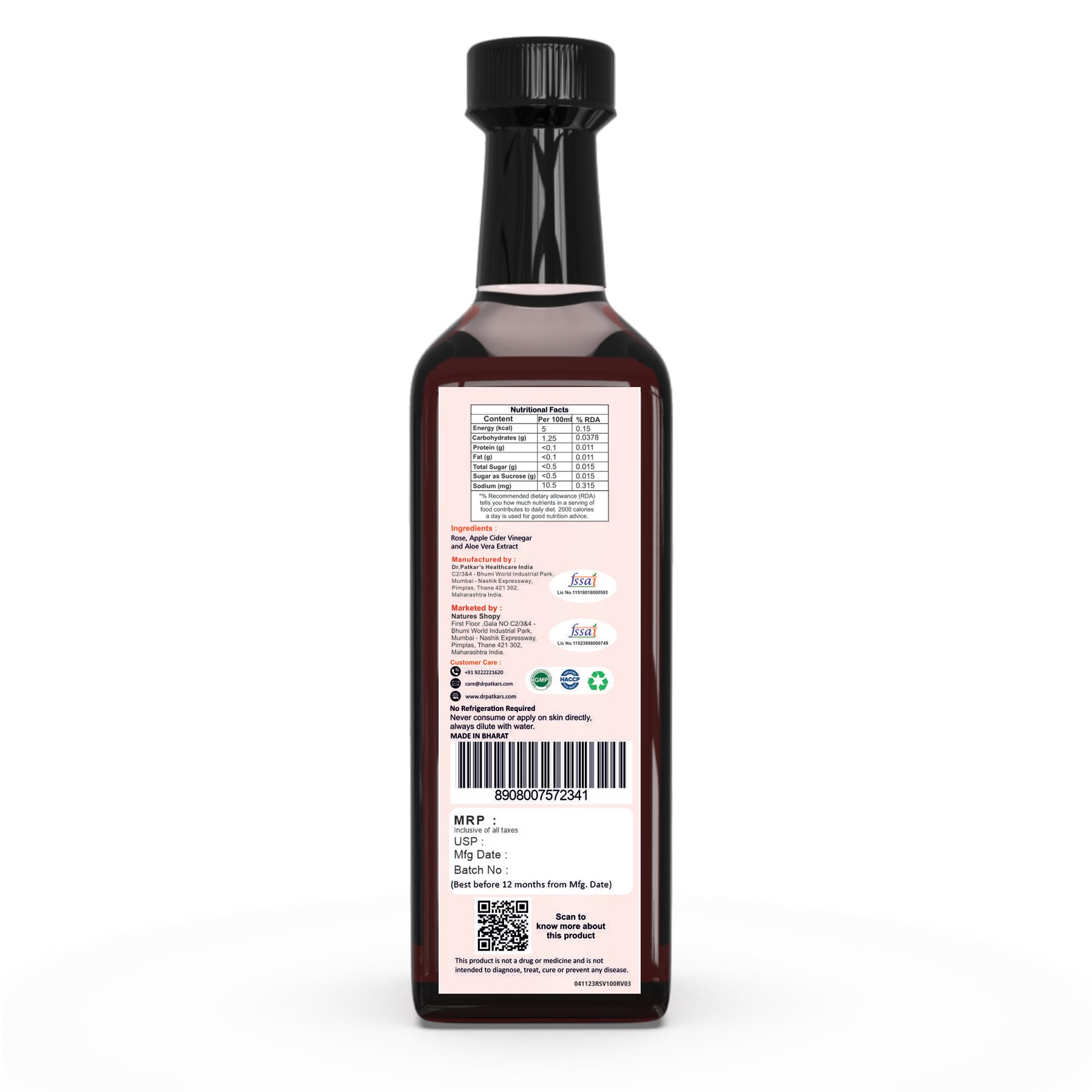 Dr. Patkar's Rose Vinegar with Apple Cider Vinegar & Aloe Vera | Natural Skin Toner | Hydrating, Cooling & Anti-Acne Formula | For Glowing Skin, Hair, & Immunity | With the Mother 100ml