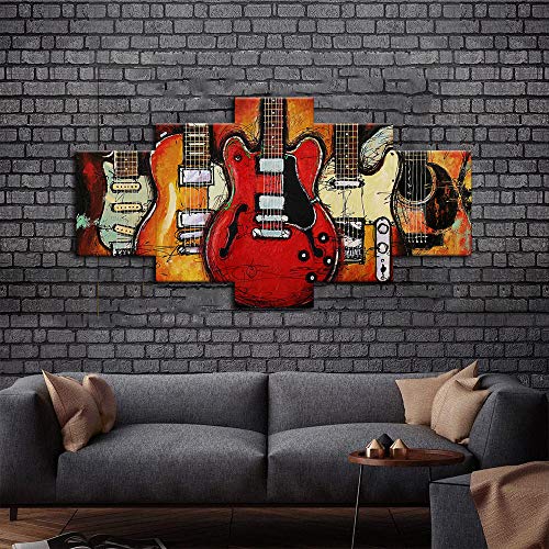 Guitar Wall Art Music Abstract Artwork Canvas Prints Home Decor For Living Room Bedroom Office Modern Still Life Pictures 5 Panel Posters Hd Printed Painting Framed Ready To Hang (50"Wx24"H, A) #TOP3