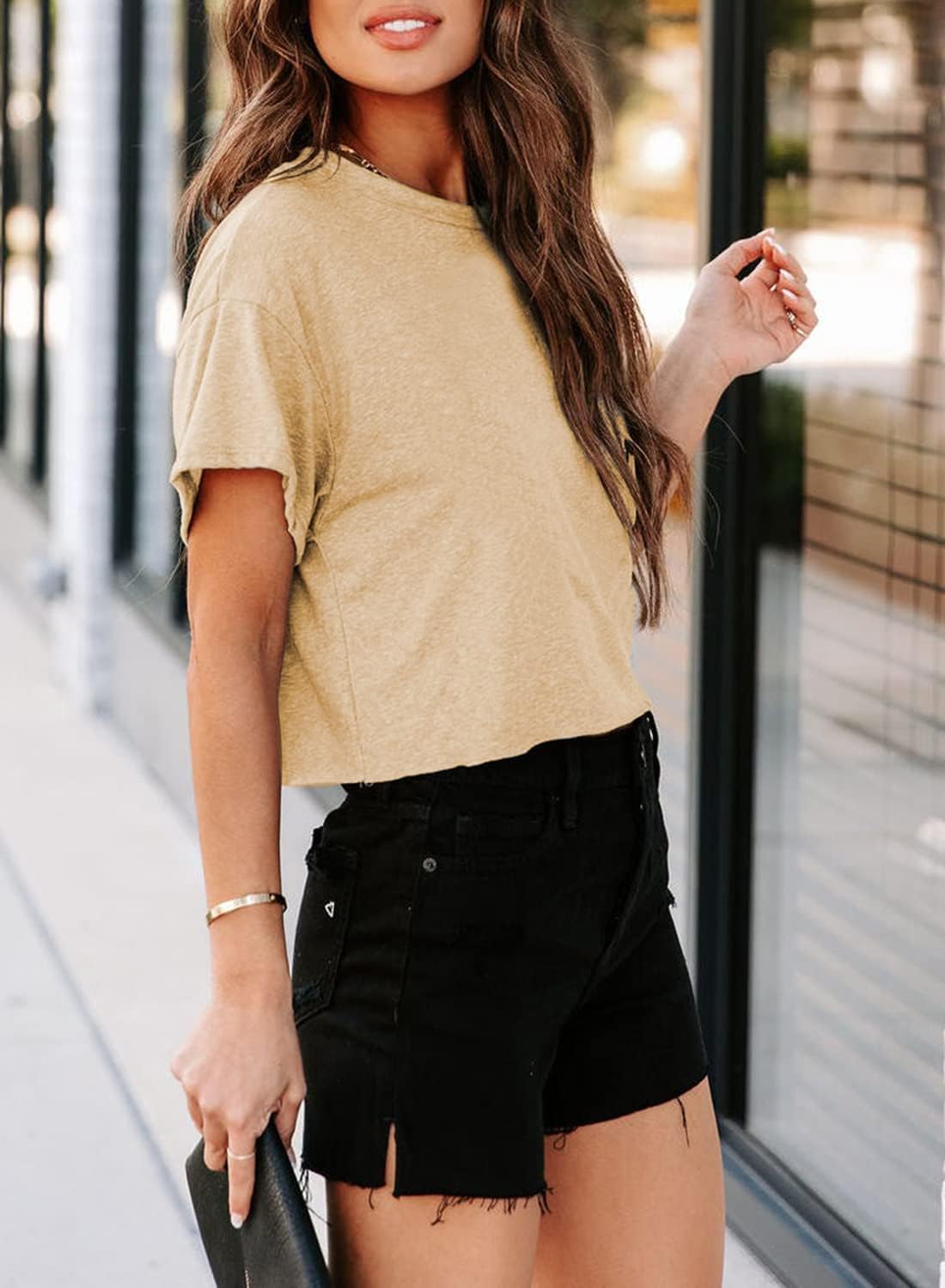 Tankaneo Women Short Sleeve Cropped T-Shirts Crew Neck Loose Crop Tops Summer Casual Drop Shoulder Basic Tees - Image 2