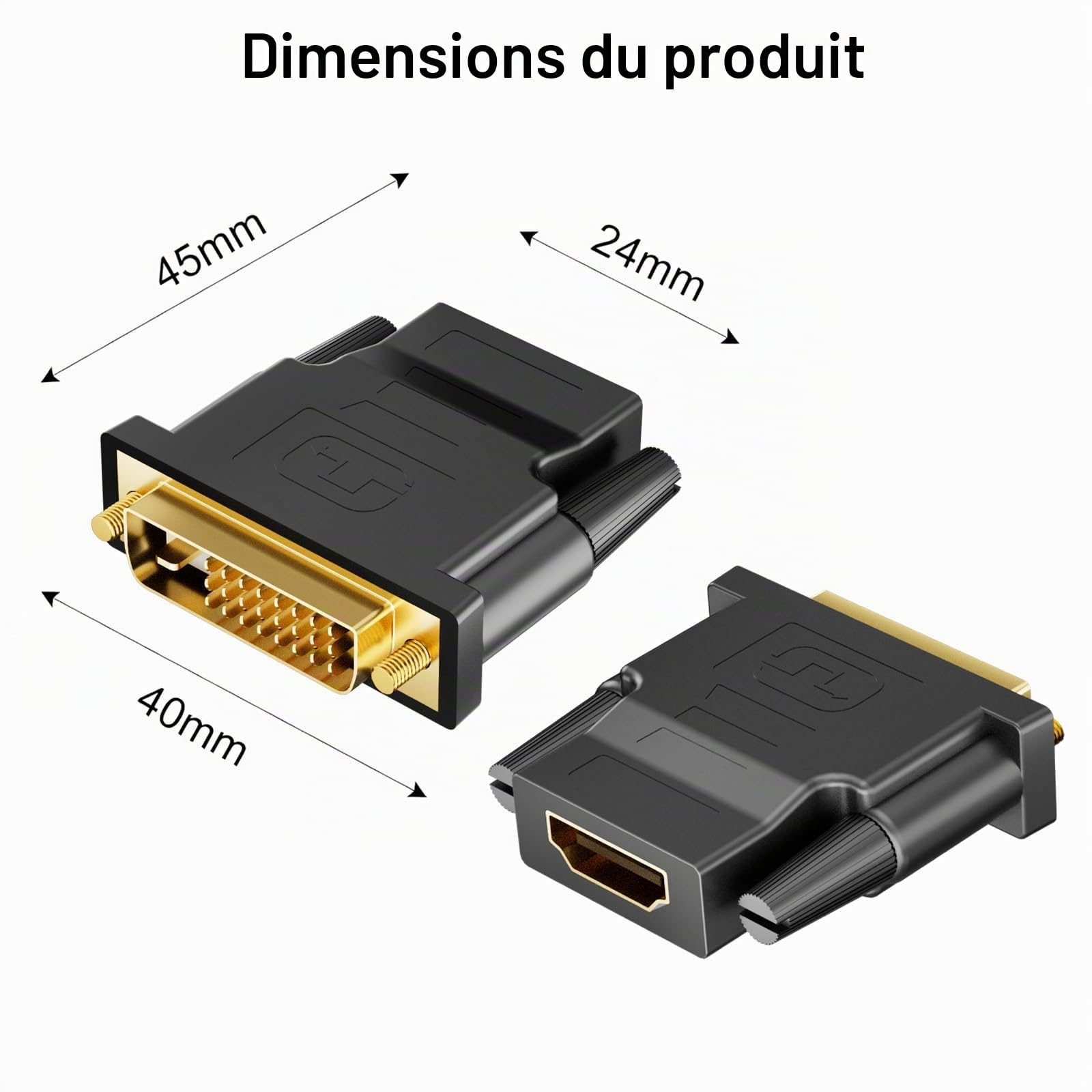Adaptateur DVI vers HDMI 2Pack Bidirectionnel Convertisseur HDMI Femelle vers DVI-D Mâle Plaqué Or 1920x1200 1080P
