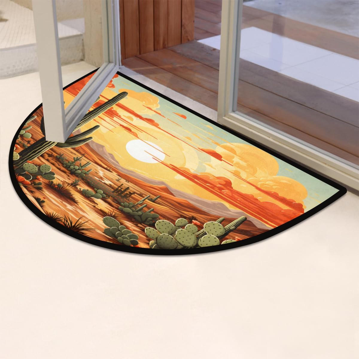 Hexteria Cactus Mountain Tropical Desert Half Circle Door Mat Indoor Washable Absorbent Half Round Rug Non-Slip Low Pile Semi Circle Welcome Mat for Home Kitchen, 36" x 24"