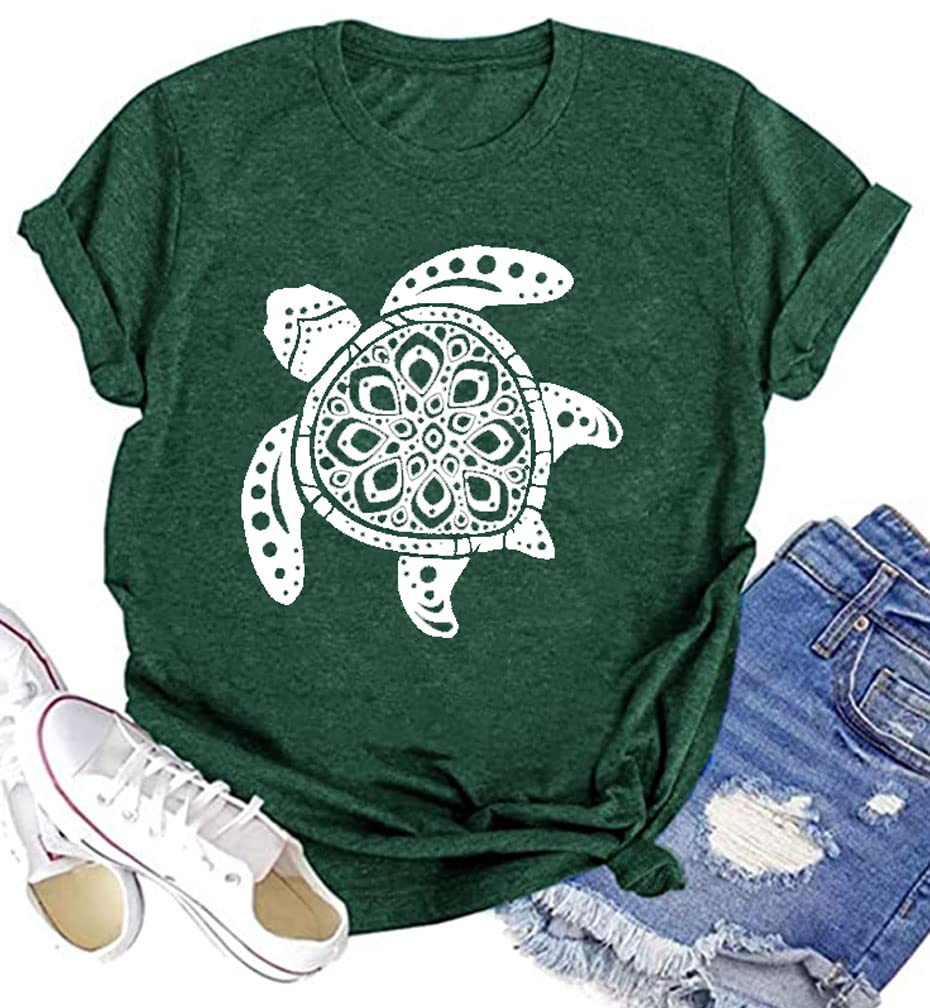 IEUGOHWomen Sea Turtle Mandala Graphic T-Shirt Funny Animal Print Tee Summer Beach Vacation Casual Short Sleeve Tees Top, Green, XL